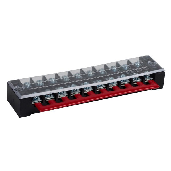 Main product image for 35A Barrier Terminal Block 10 Position Dual Row Screws 12 Pitch with Cover and Red Jumper090-816
